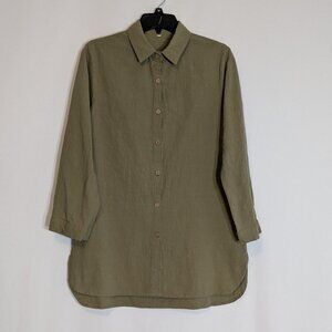 Olive Green Cotton 3/4 Sleeve, Collared Button Blouse; Size M